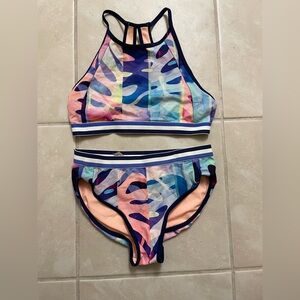 Athleta Girl Kids Bikini -2 piece - Pink and Blue Tropical swimsuit size XL 14